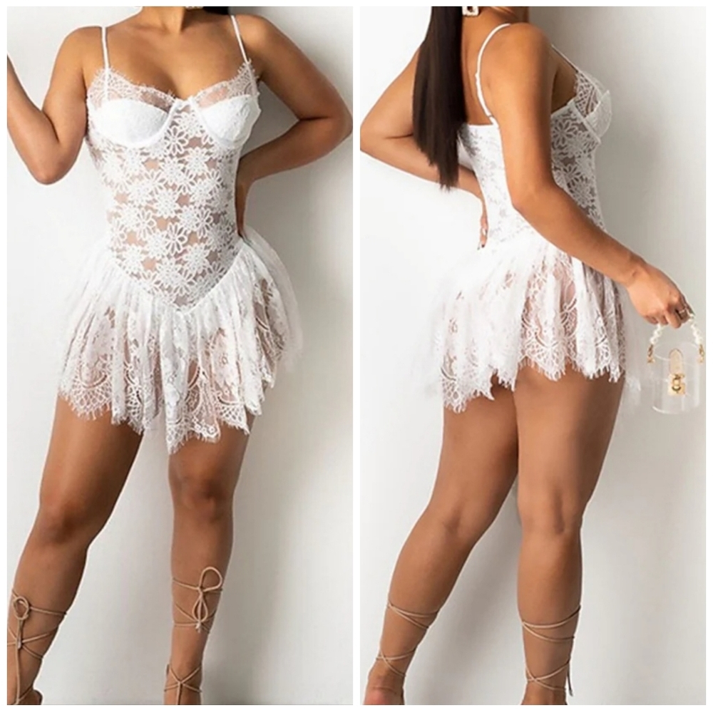 Lace mini dress New size M,L available strech material. With panty lining.